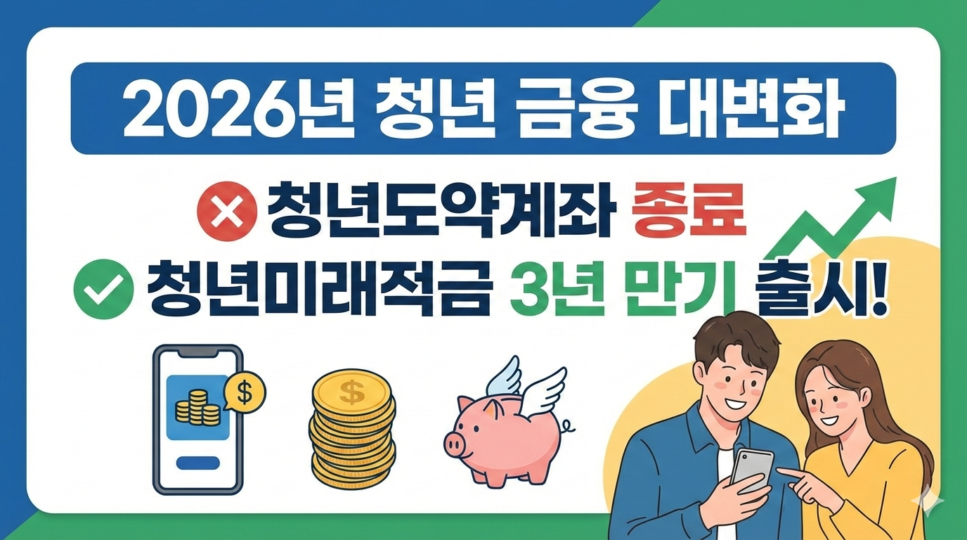 2026년 청년도약계좌 종료 안내 및 신설되는 청년미래적금 3년 만기 혜택 인포그래픽