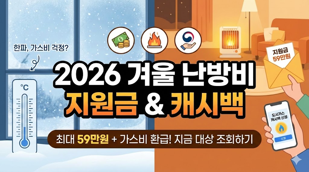 2026년 겨울철 난방비 지원금 및 도시가스 캐시백 신청 안내 썸네일. 추운 겨울 창문과 따뜻한 거실 일러스트 대비, 최대 59만원 지원 문구 포함.