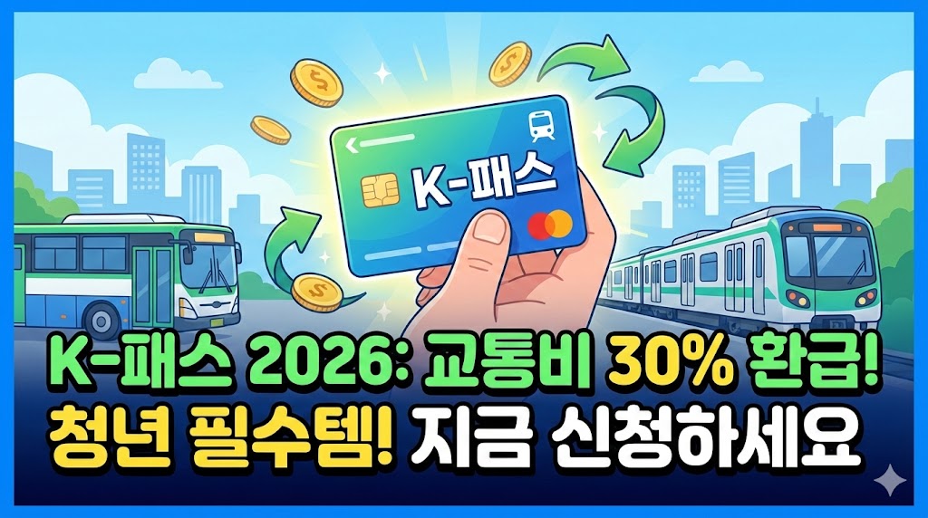 K-패스 교통카드를 들고 있는 손과 뒤로 지나가는 버스, 지하철 이미지. 'K-패스 2026: 교통비 30% 환급! 청년 필수템! 지금 신청하세요'라는 문구가 적힌 블로그 썸네일입니다.