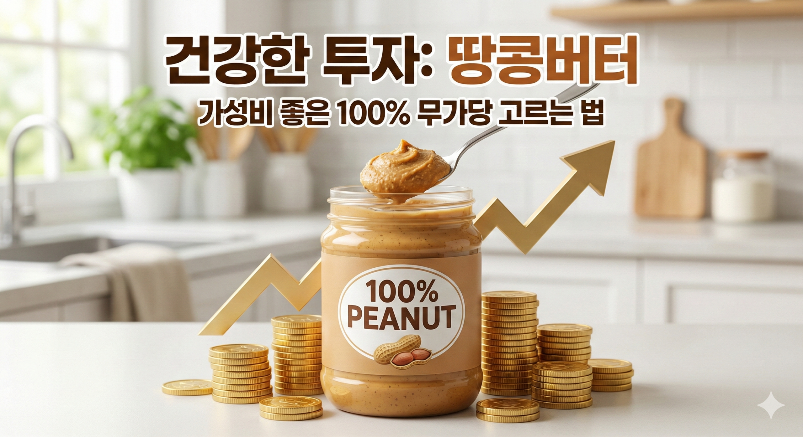 건강한 투자 땅콩버터 및 가성비 좋은 100% 무가당 고르는 법 블로그 썸네일. 100% 피넛 버터 병과 상승하는 금빛 재테크 그래프, 동전 더미가 놓인 주방 배경 그래픽.