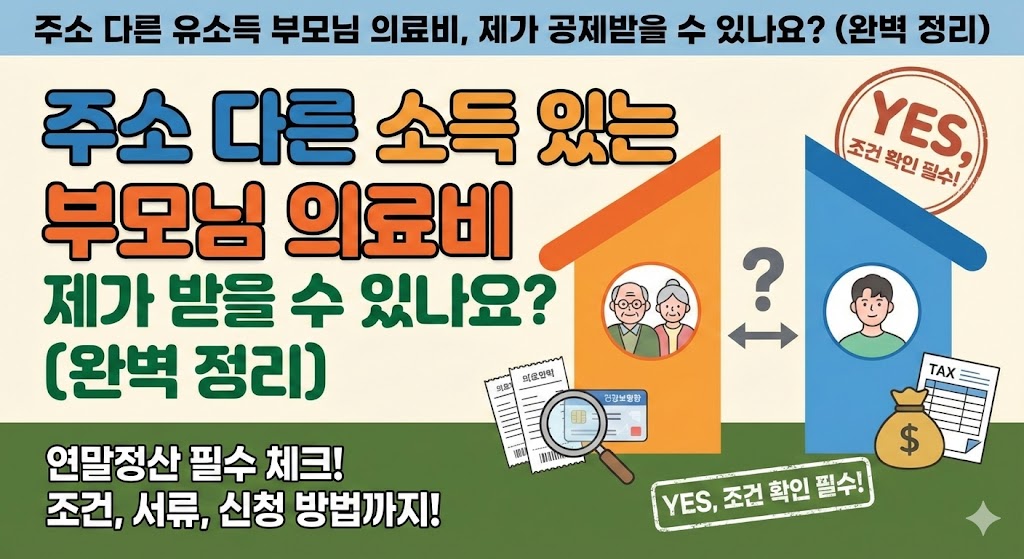 주소지가 다르고 소득이 있는 부모님의 의료비 연말정산 공제 가능 여부를 설명하는 블로그 썸네일. 주황색 집의 노부모와 파란색 집의 자녀가 떨어져 있는 일러스트, 의료비 영수증, 돋보기, 돈주머니 아이콘이 배치됨. 'YES, 조건 확인 필수' 도장과 함께 핵심 질문 텍스트가 강조된 이미지.